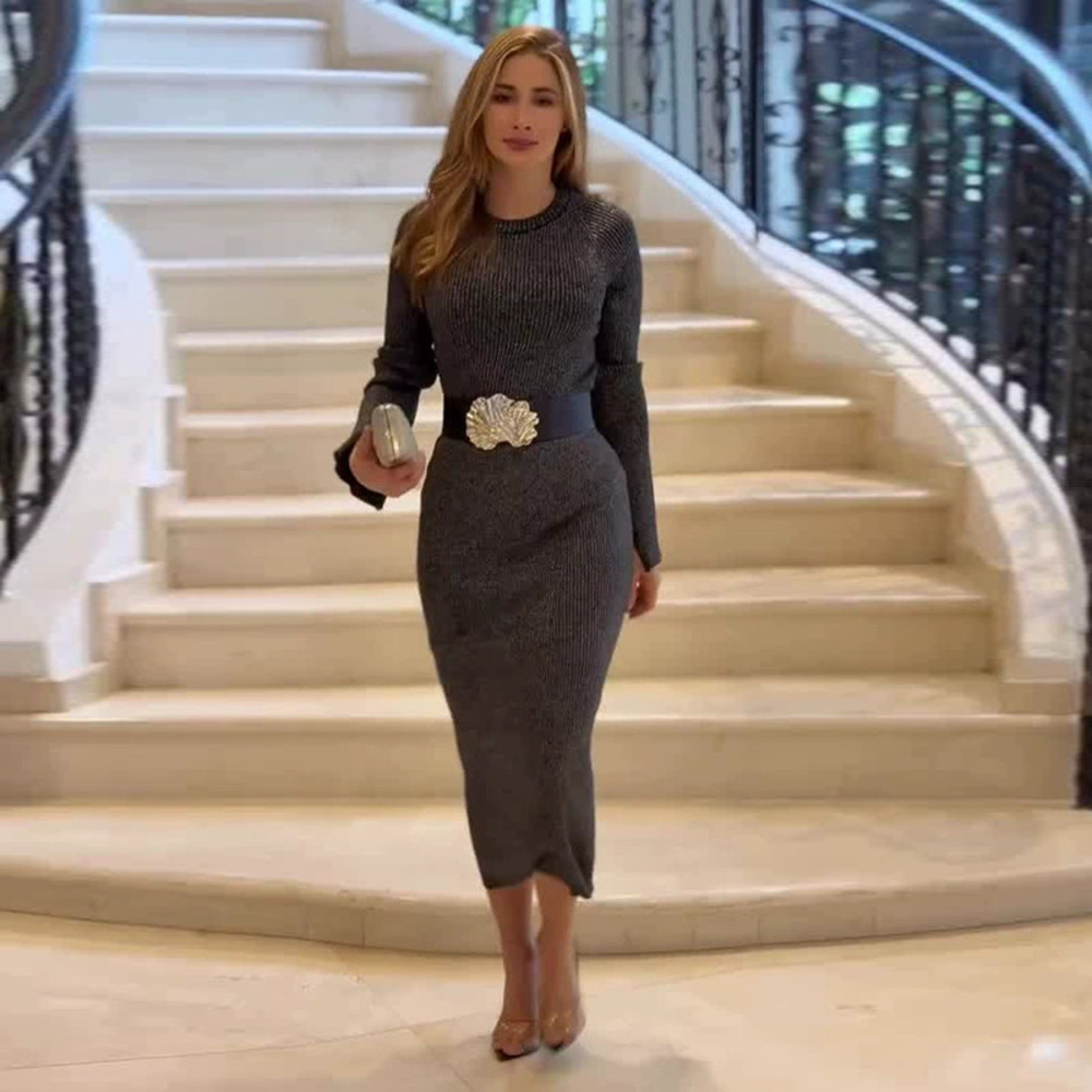 Forever 21 Gray Long-Sleeve Belted Fitted Simple Elegant Maxi Dress